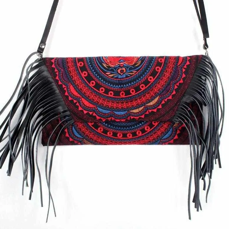 Boho Tribal Crossbody Embroidered Fringe Envelope Bag - Thailand