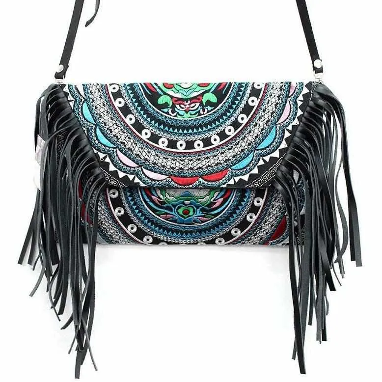 Boho Tribal Crossbody Embroidered Fringe Envelope Bag - Thailand