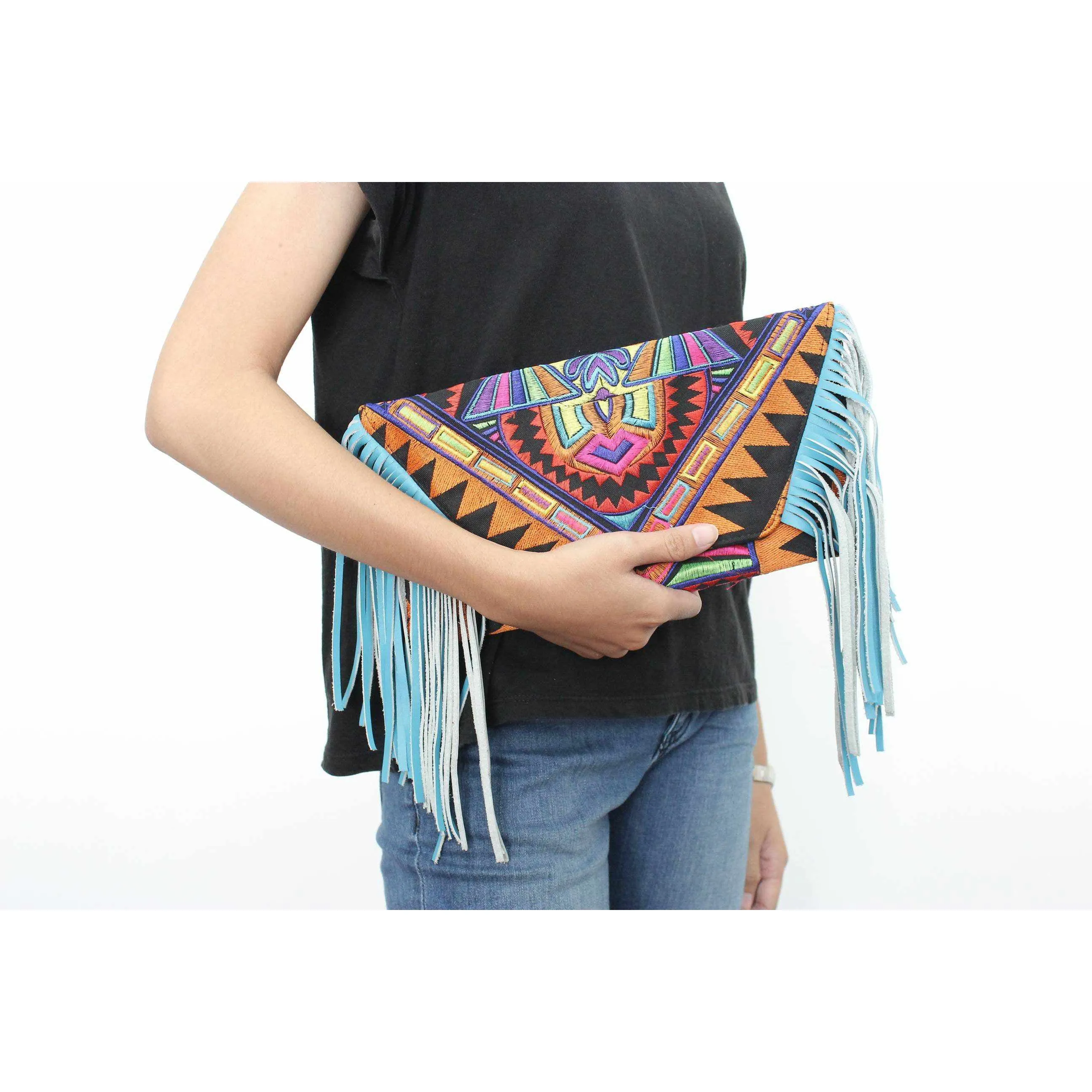 Boho Tribal Crossbody Embroidered Fringe Envelope Bag - Thailand