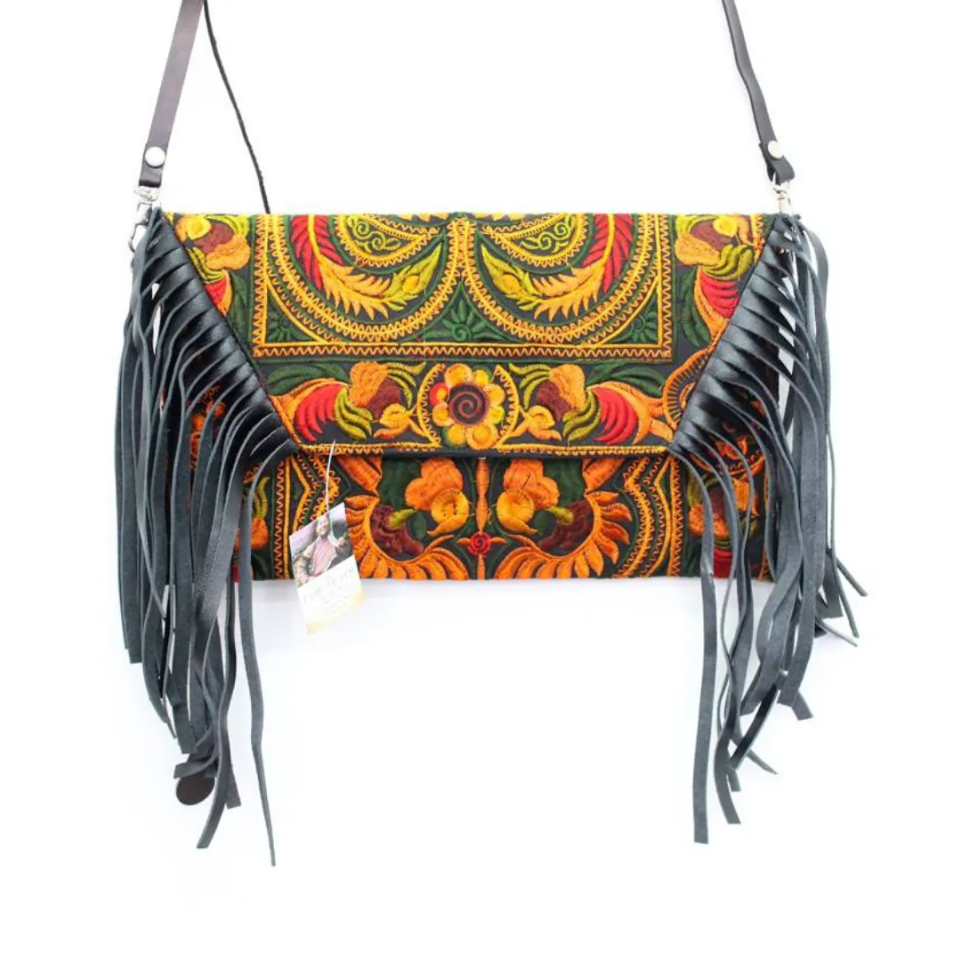 Boho Tribal Crossbody Embroidered Fringe Envelope Bag - Thailand