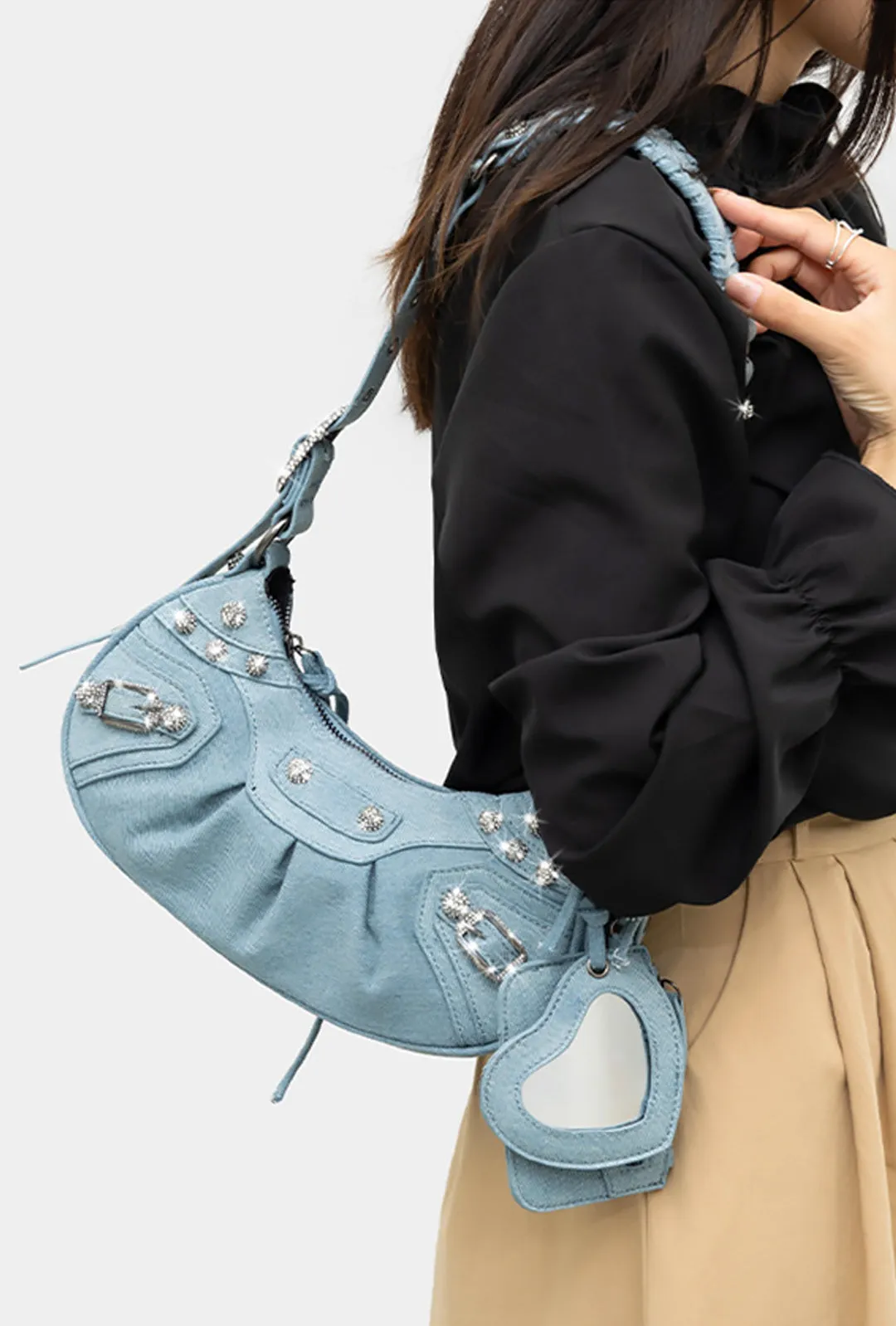 BRETT - DENIM STUDDED HOBO BAG