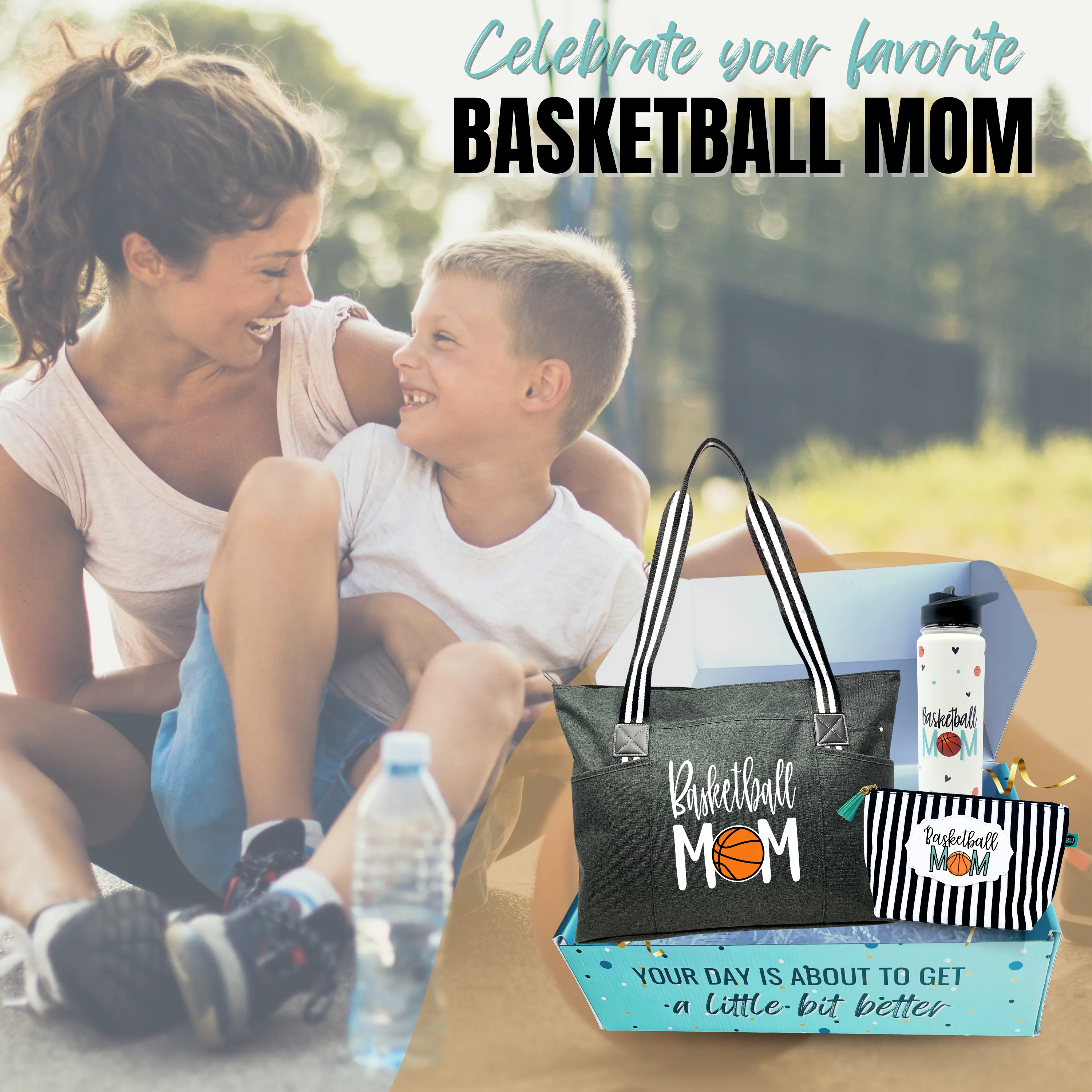 Brooke and Jess Designs - Basketball Mom Tessa Black Tote Bag, 24 oz Waterbottle Tumbler, and Janie Makeup Cosmetic Bag Gift Box Set