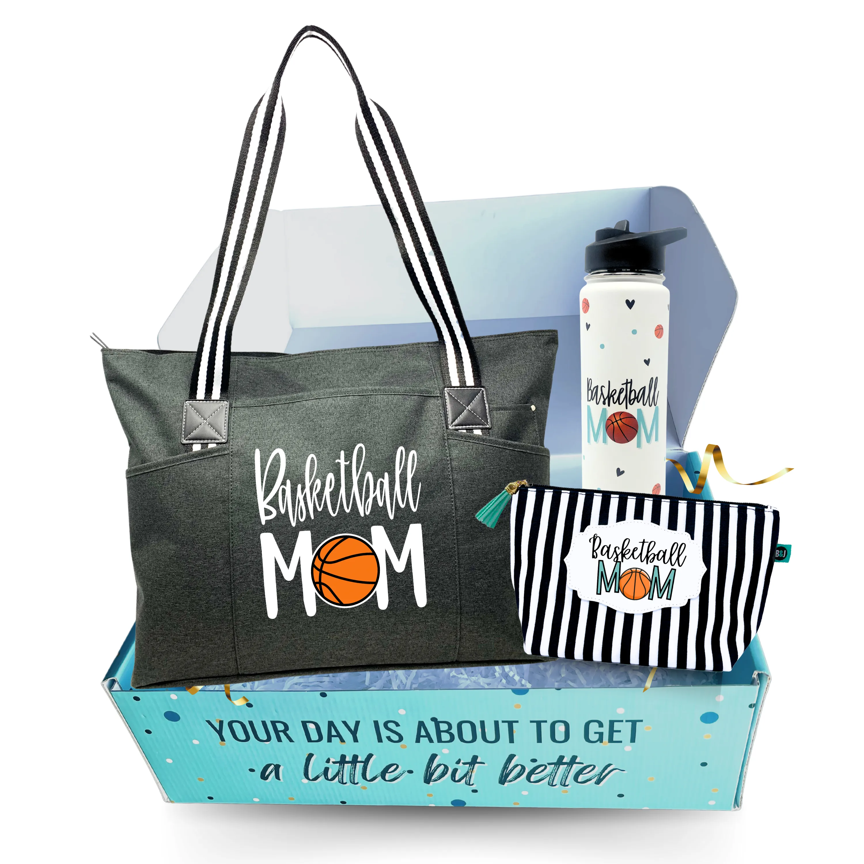 Brooke and Jess Designs - Basketball Mom Tessa Black Tote Bag, 24 oz Waterbottle Tumbler, and Janie Makeup Cosmetic Bag Gift Box Set