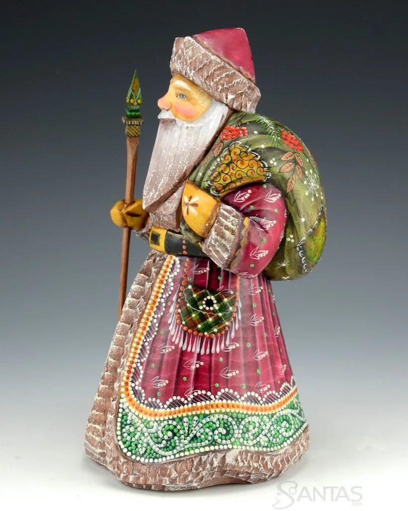 Burgundy Russian Santa with Toy Bag