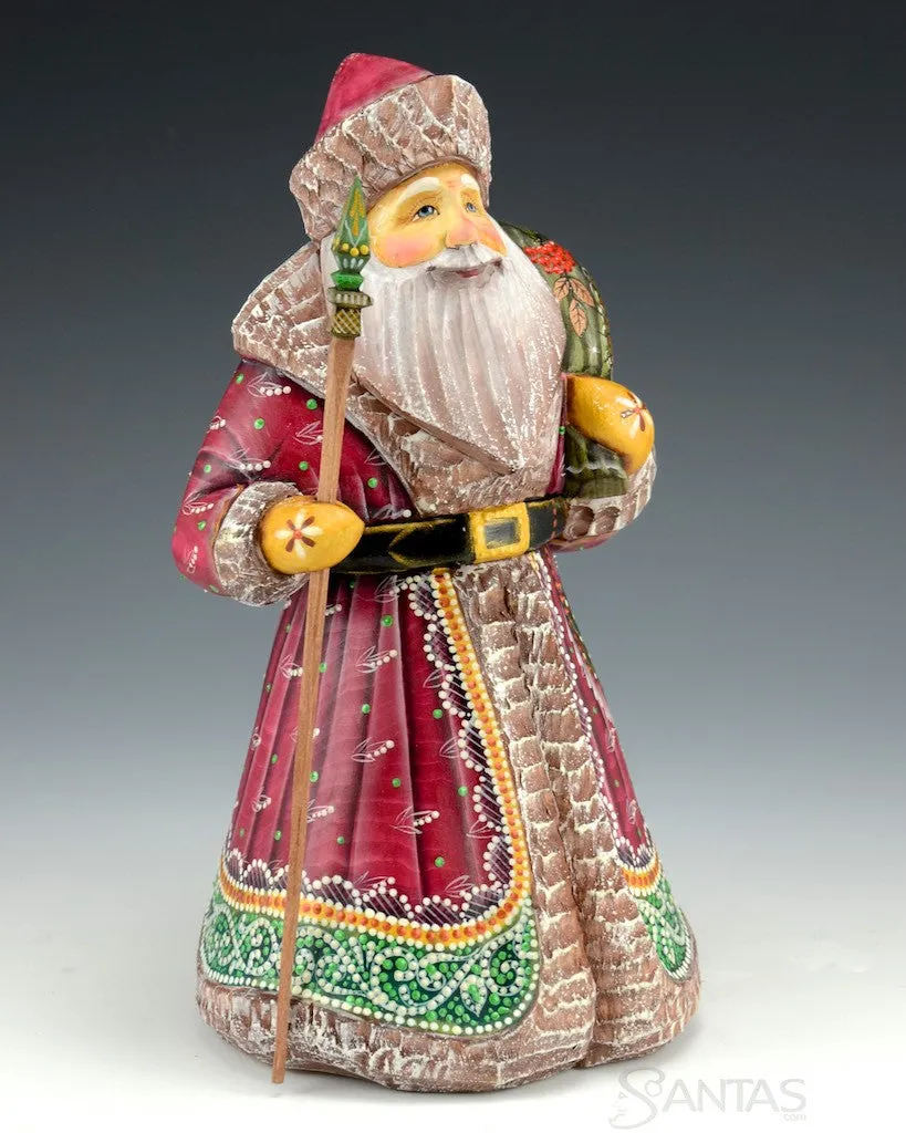 Burgundy Russian Santa with Toy Bag