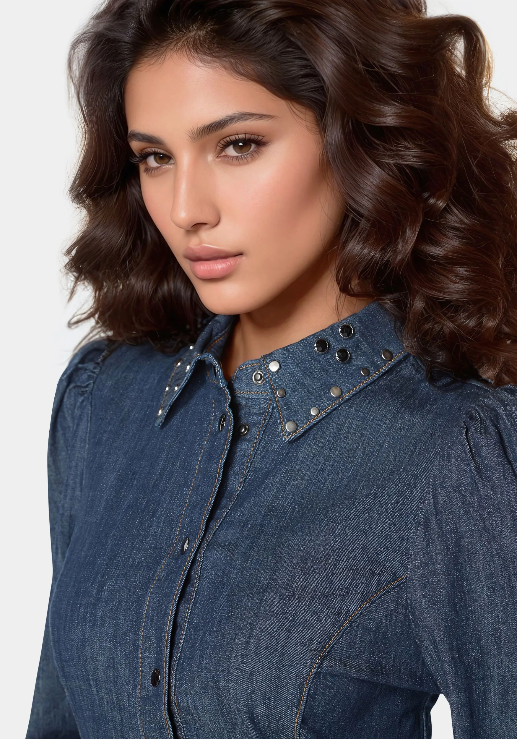 Button Front Studded Collar Denim Shirt