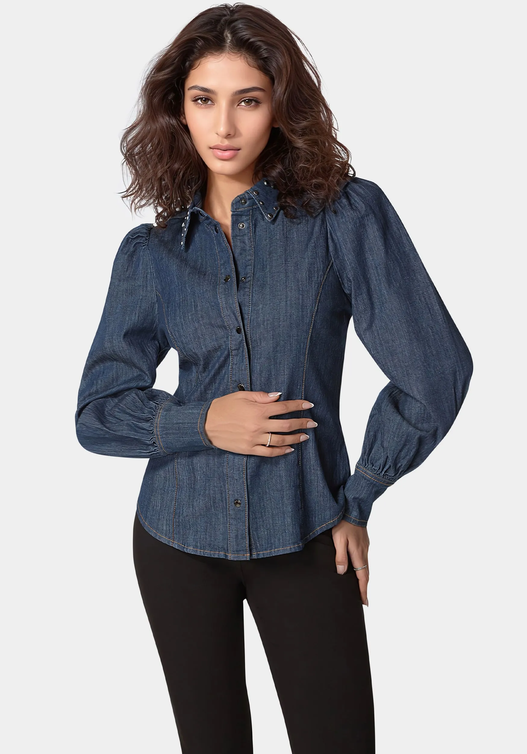 Button Front Studded Collar Denim Shirt