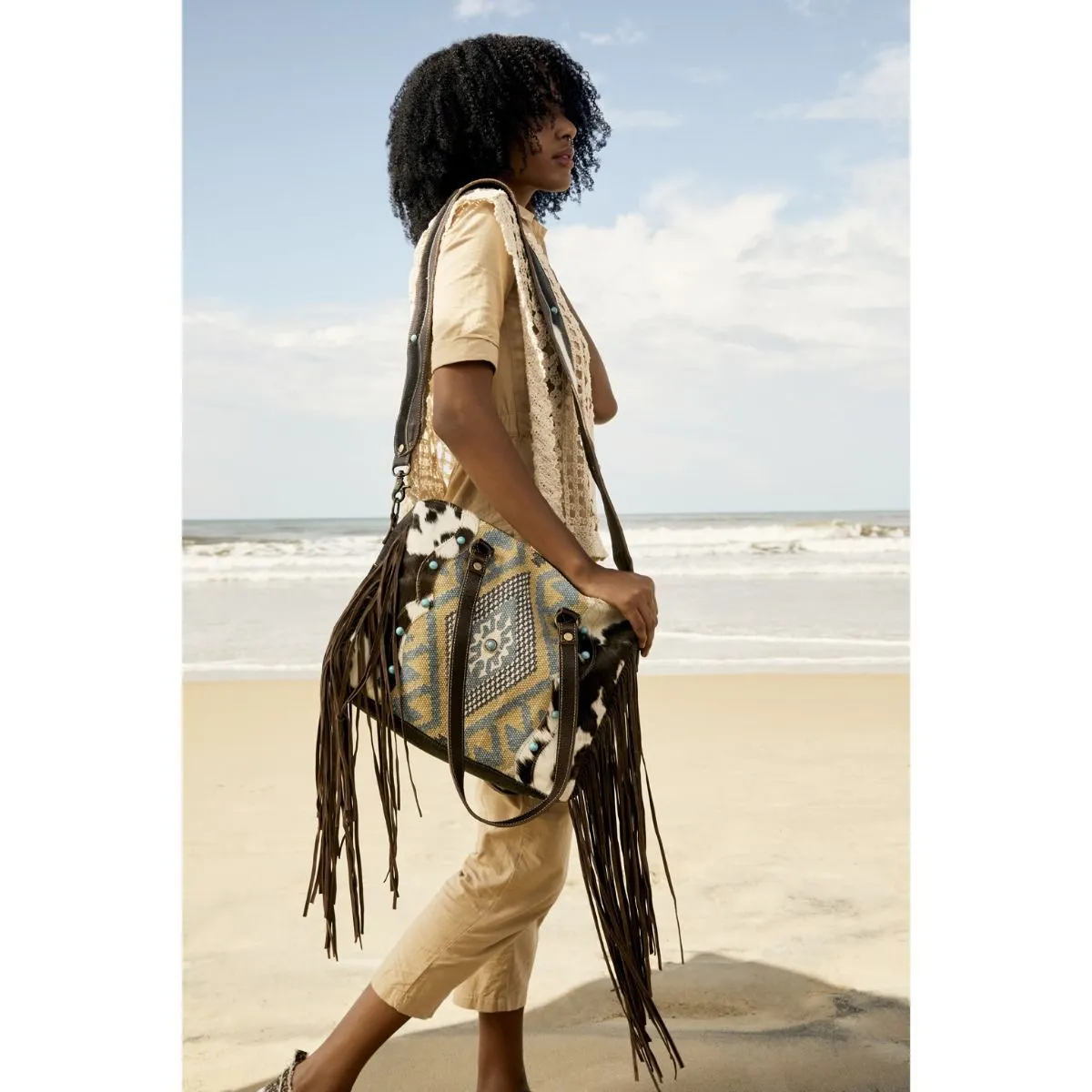 Canvas Leather Fringe Crossbody