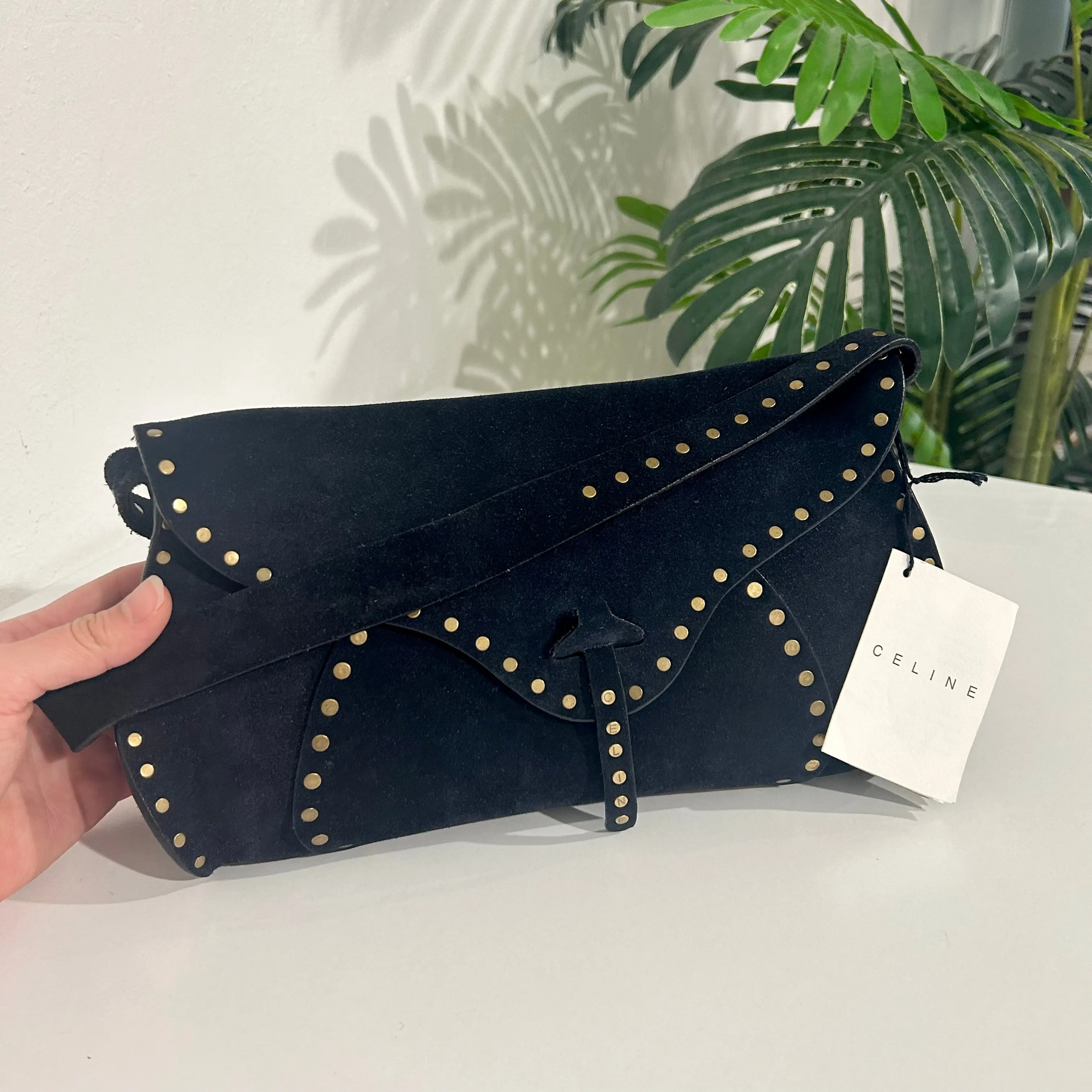 Celine Studded Dark Blue Suede Shoulder Bag