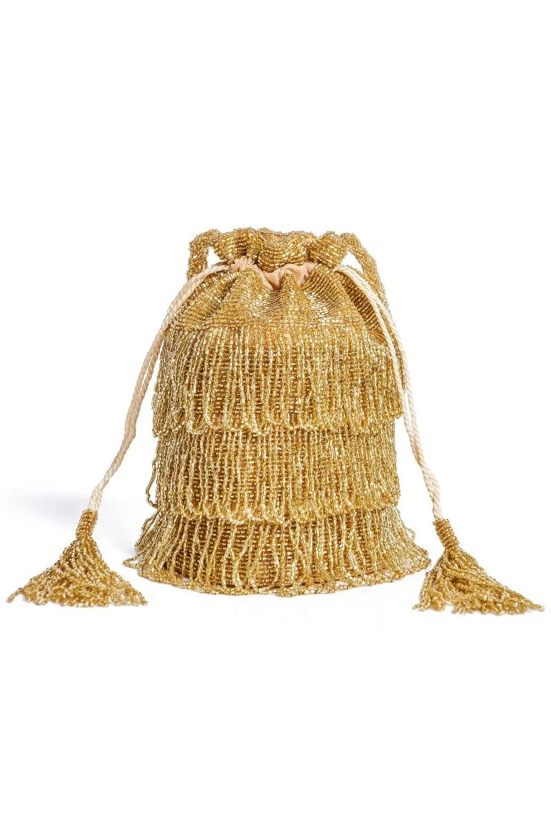 Channel Hand Embellished Fringe Bucket Bag in Gold