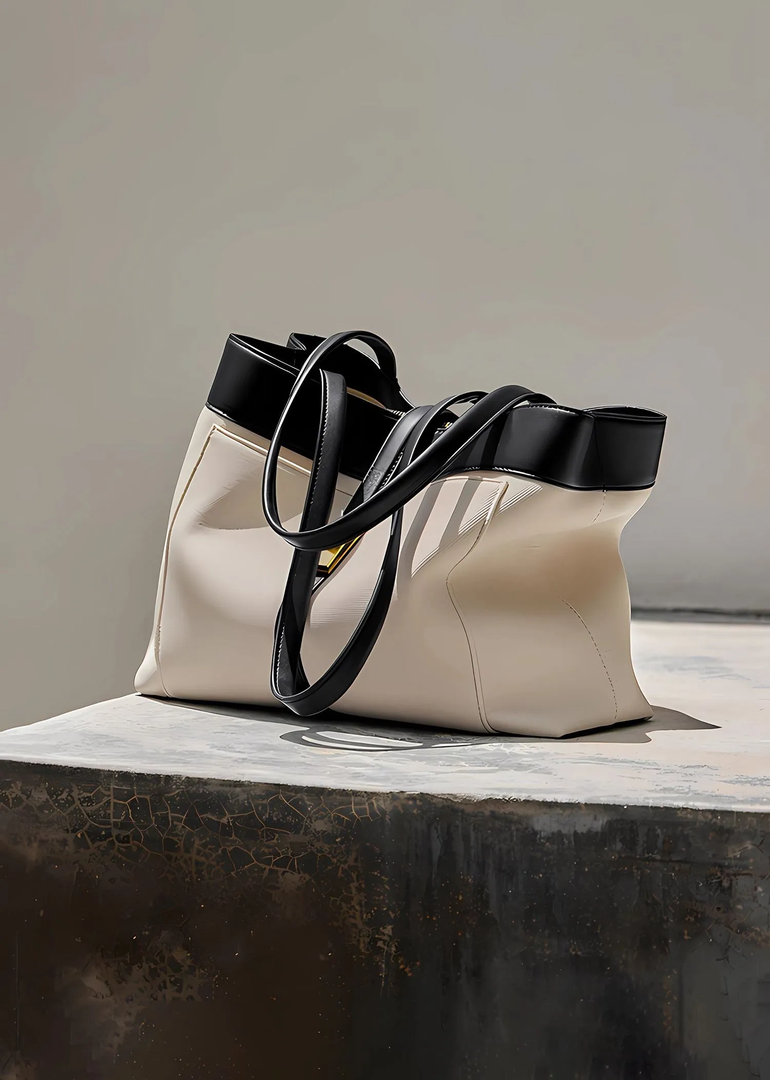 Colorblock Leather Belted Buckle Tote Bag