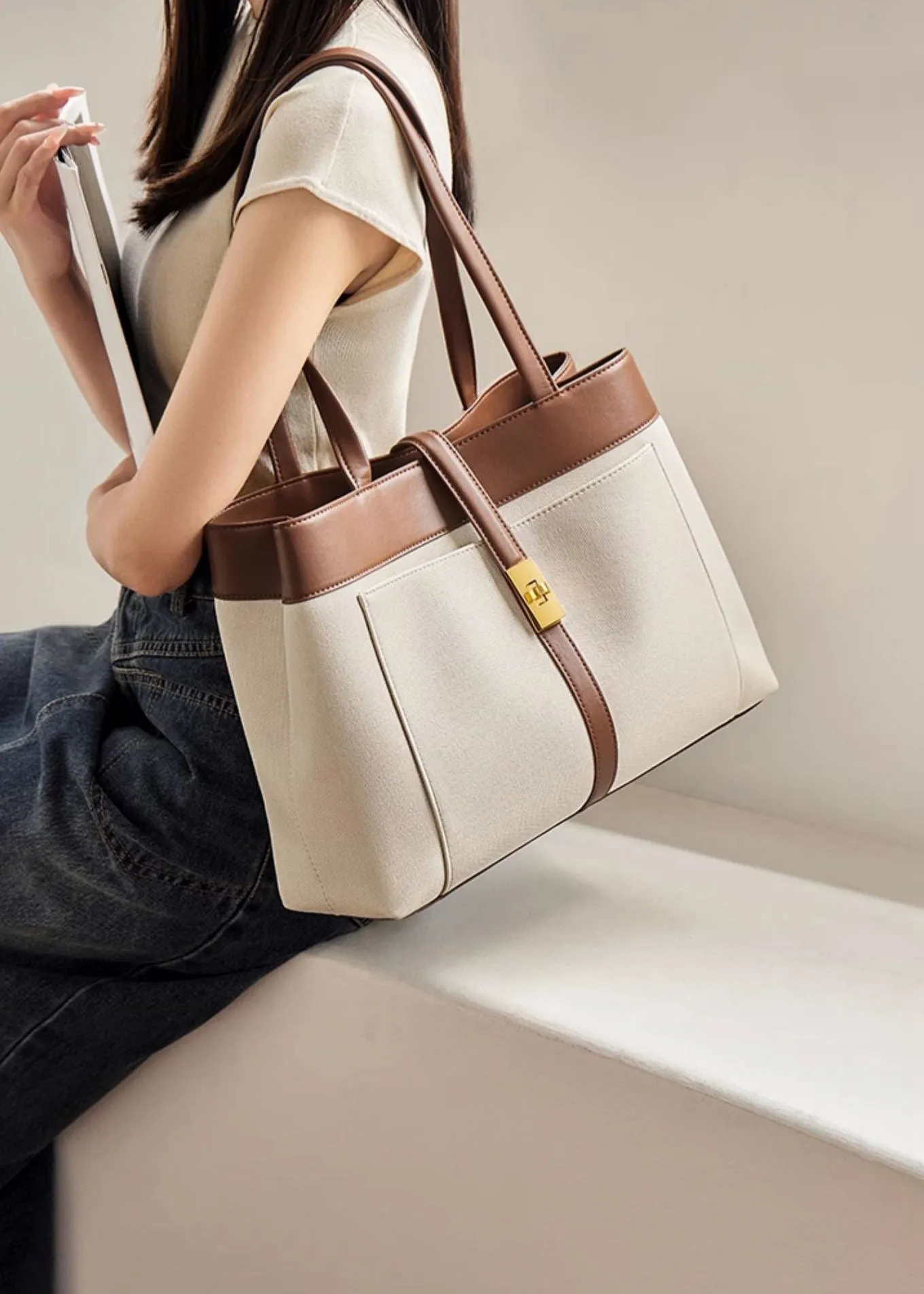 Colorblock Leather Belted Buckle Tote Bag