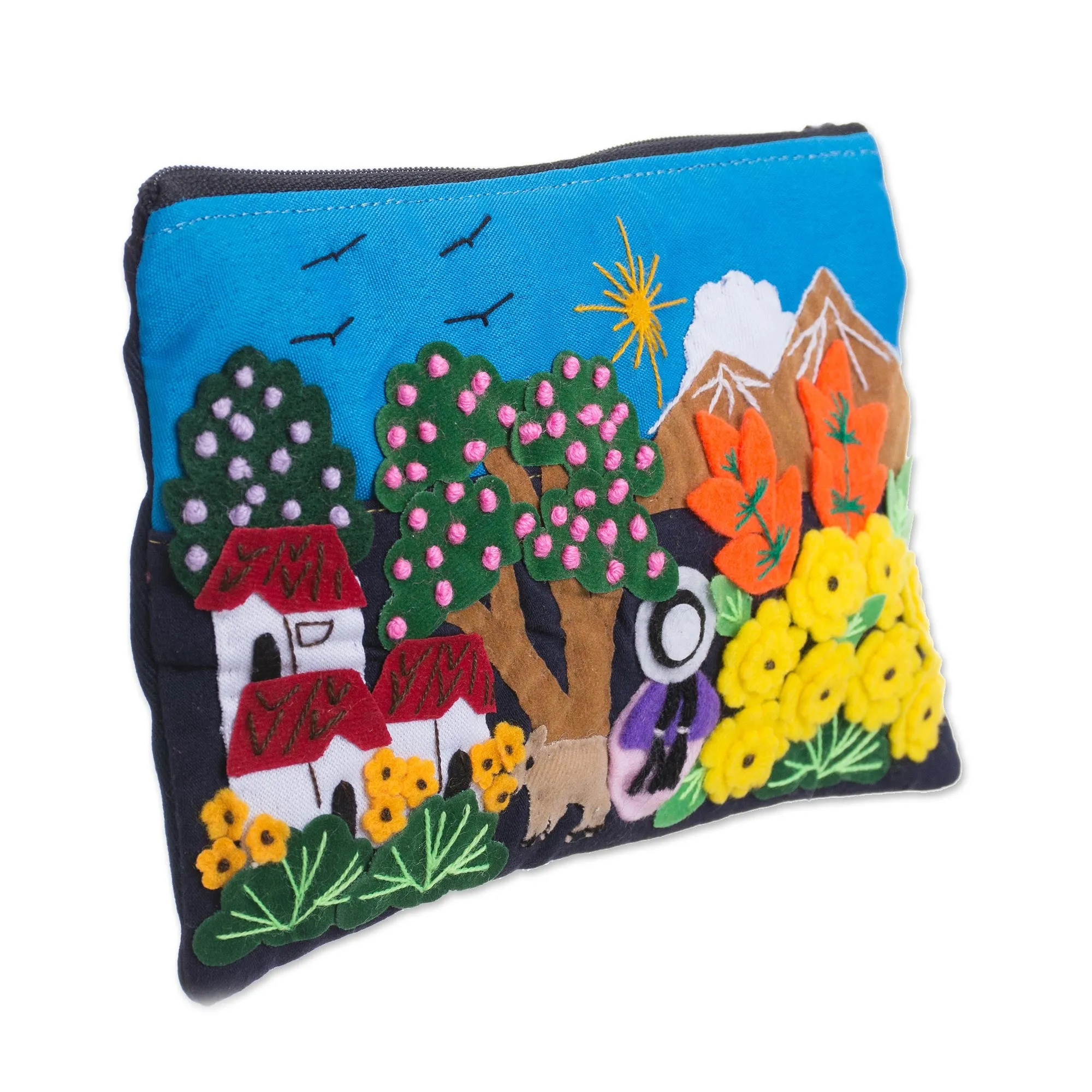 Colorful Mountain Home Cotton Blend Appliqué Pencil Case - Mountain Home | NOVICA