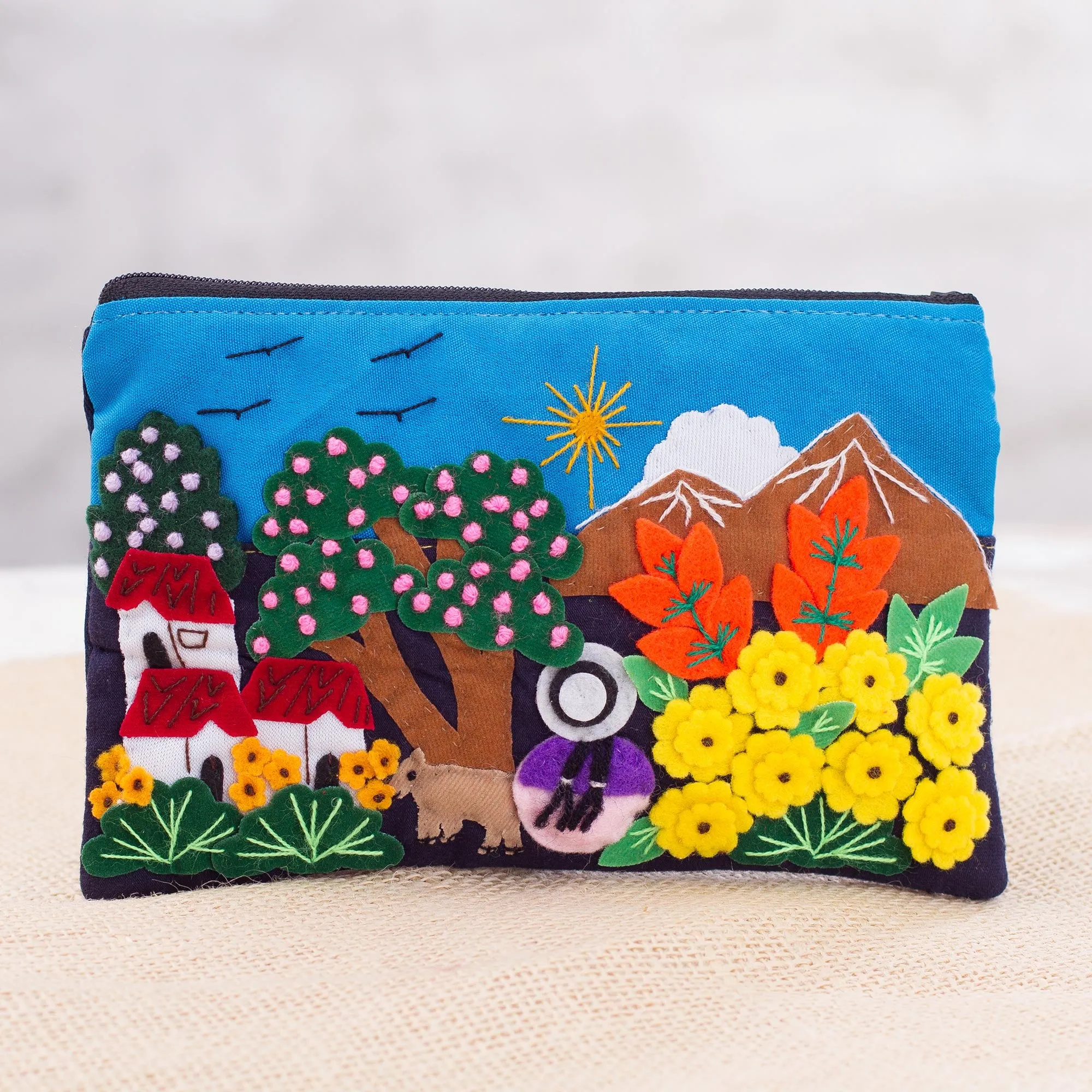 Colorful Mountain Home Cotton Blend Appliqué Pencil Case - Mountain Home | NOVICA