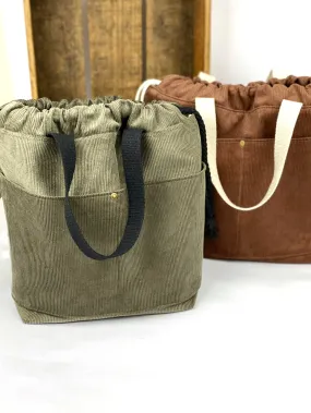 Corduroy Project Bag Knit or Crochet Drawstring Tote Strap Flat Bottom