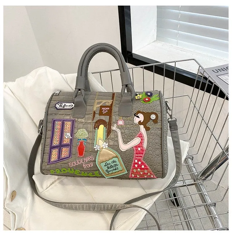 Cross Body Patchwork Embroidered Tablet-Friendly Boston Bag