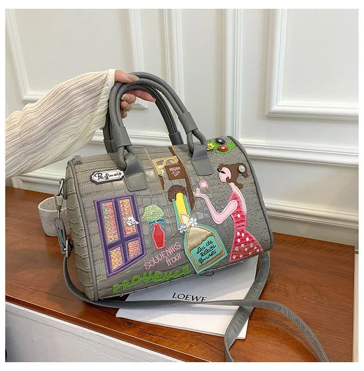 Cross Body Patchwork Embroidered Tablet-Friendly Boston Bag