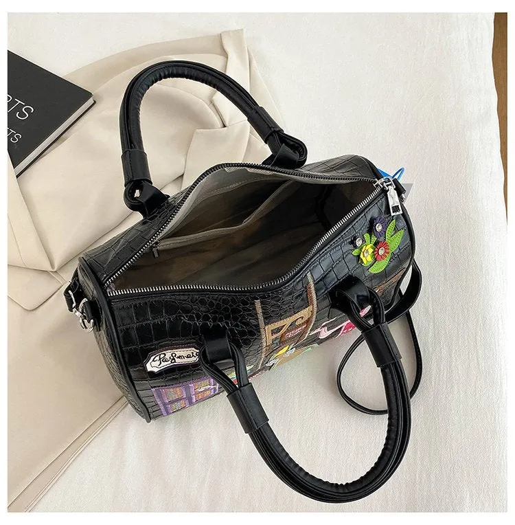 Cross Body Patchwork Embroidered Tablet-Friendly Boston Bag