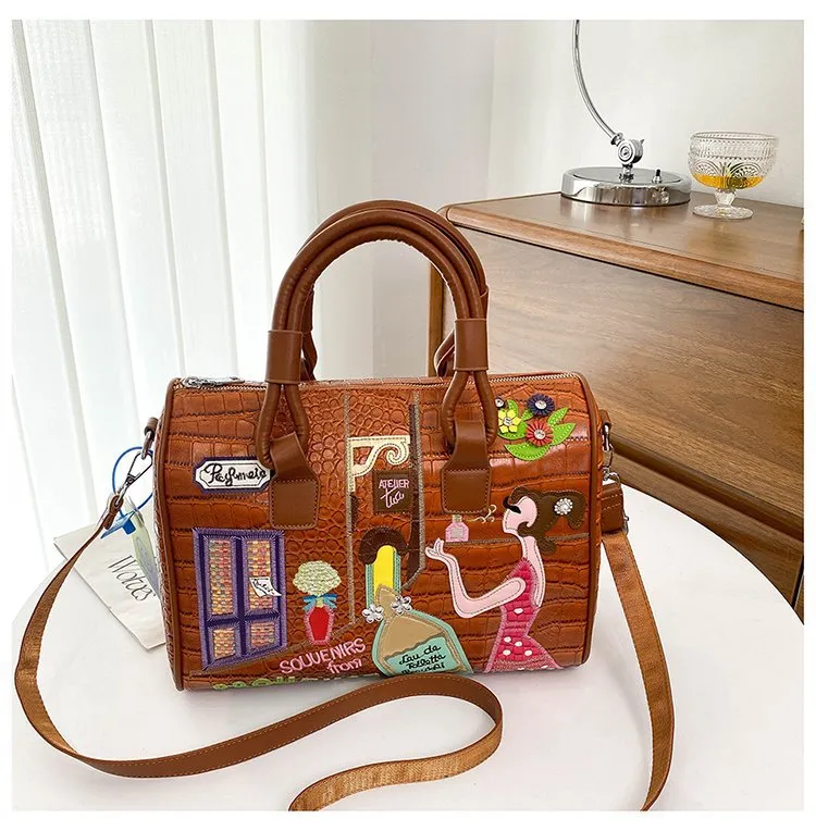 Cross Body Patchwork Embroidered Tablet-Friendly Boston Bag