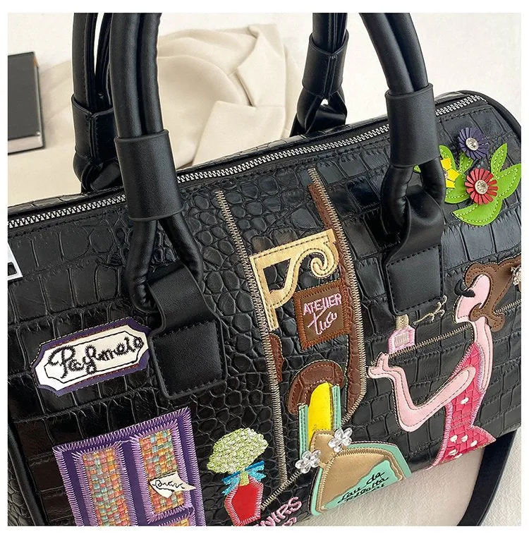 Cross Body Patchwork Embroidered Tablet-Friendly Boston Bag