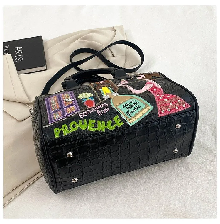 Cross Body Patchwork Embroidered Tablet-Friendly Boston Bag