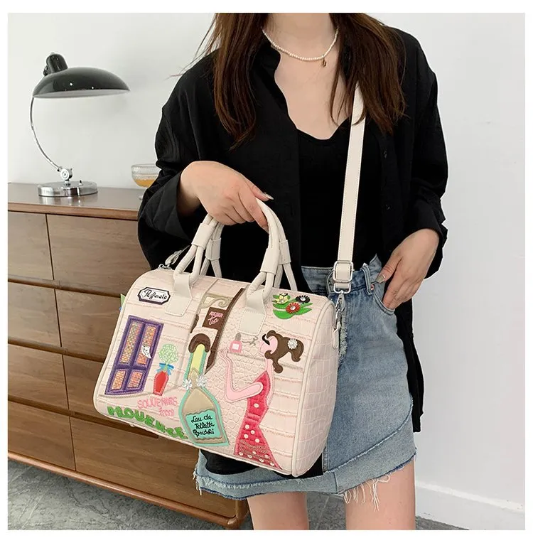 Cross Body Patchwork Embroidered Tablet-Friendly Boston Bag