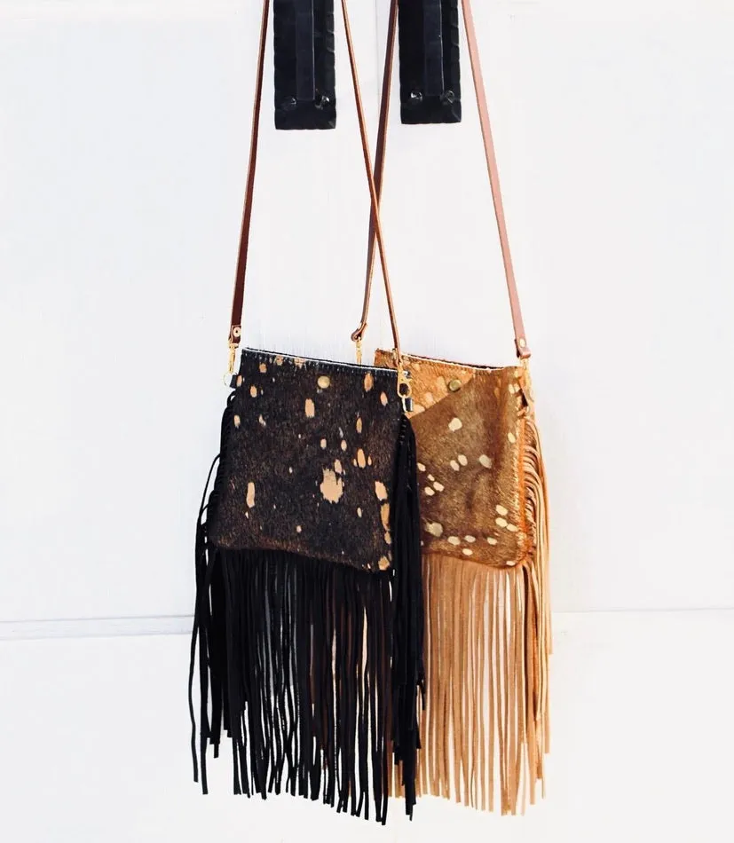 Crossbody Handbag w/ Brown or Black Metallic Leather Full Fringe