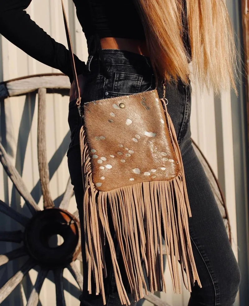 Crossbody Handbag w/ Brown or Black Metallic Leather Full Fringe