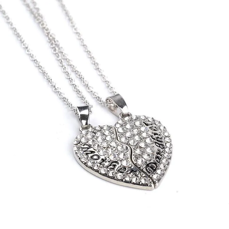 Crystal Studded Two-Part Heart Mother-Daughter Pendant Necklaces