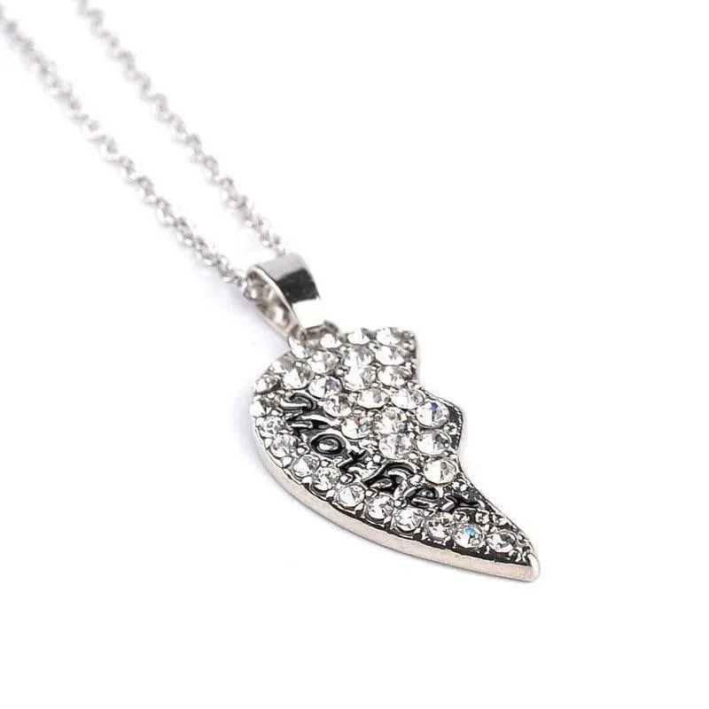 Crystal Studded Two-Part Heart Mother-Daughter Pendant Necklaces