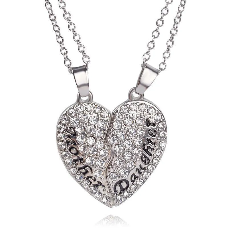 Crystal Studded Two-Part Heart Mother-Daughter Pendant Necklaces