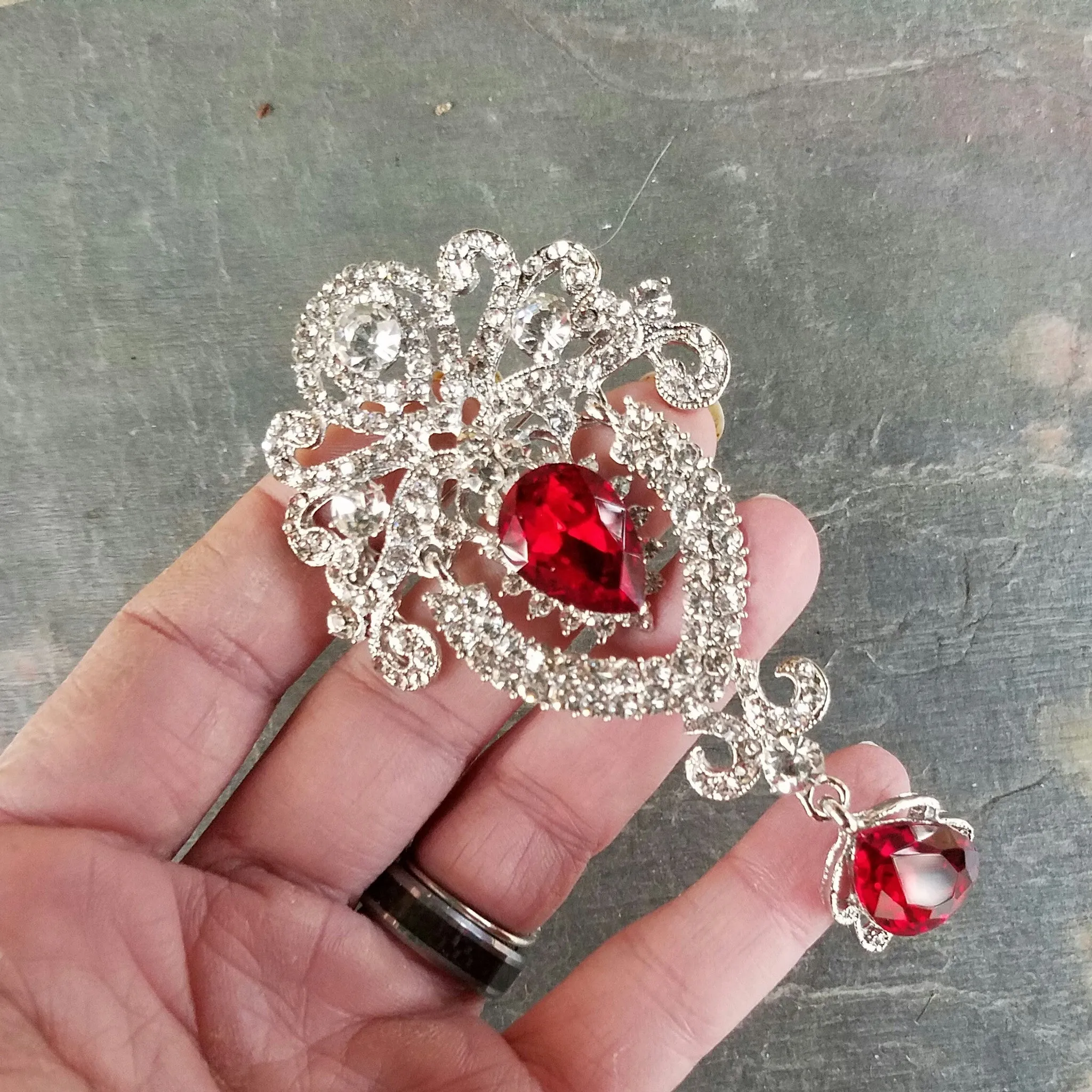 Dangling Red and Clear Rhinestone Brooch