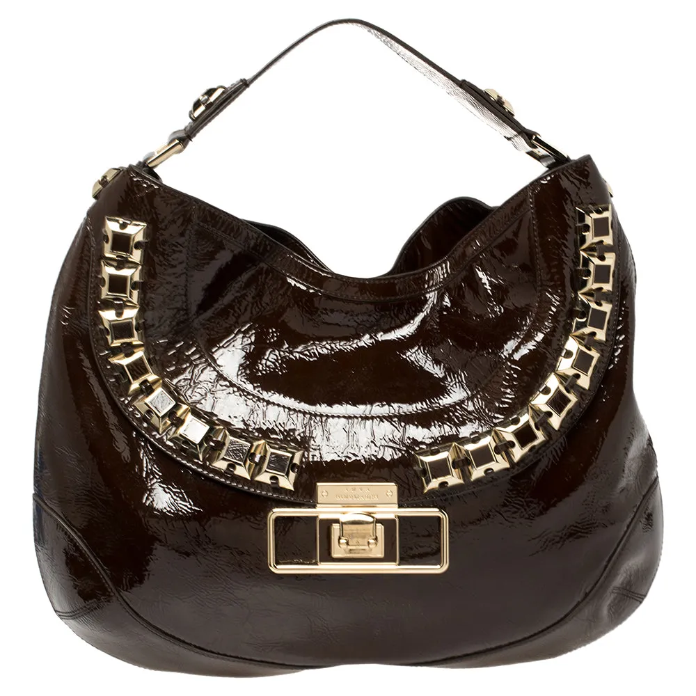 Dark Brown Patent Leather Studded Hobo