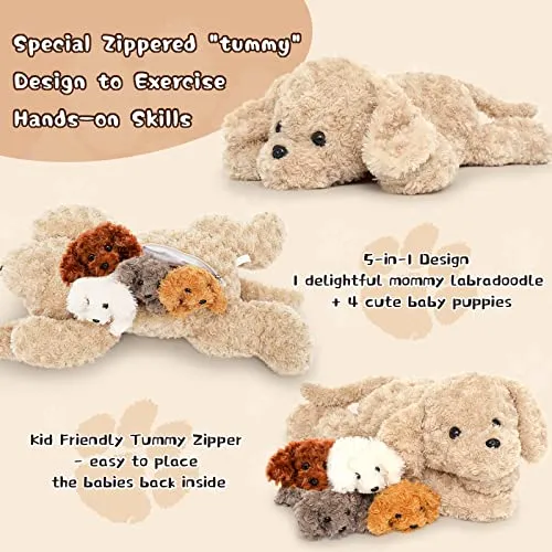 Doldoa Stuffed Mommy Dog With 4 Baby Puppy Plush Toy Brown Grey White Brown Dark