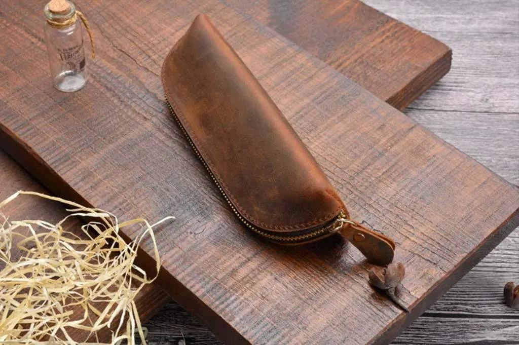 Engraved Leather Pencil Pouch Bag Roll