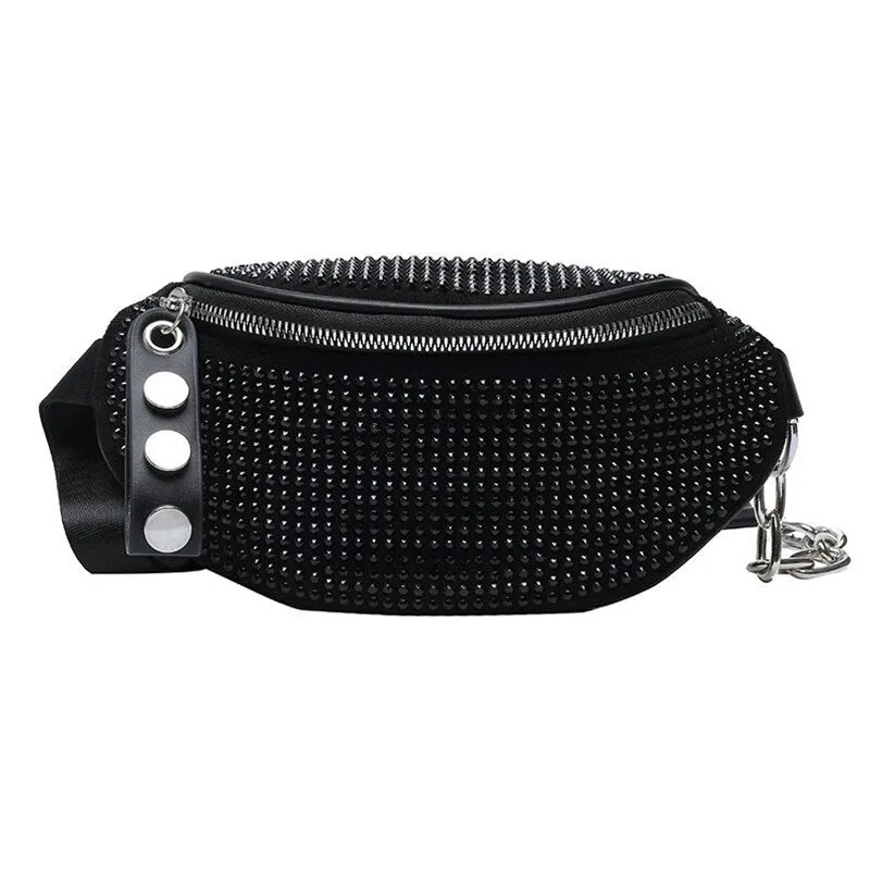 Fashion Rhinestones Women Bag Waist Bag Fanny Packs Chest Waist Pack Travel Casual Female Chain Strap Punk Belt Bag