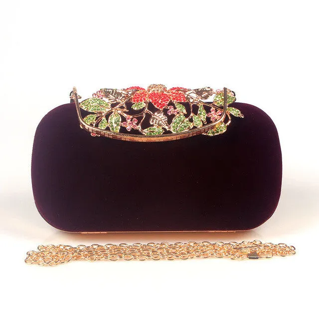 Flower Rhinestone Crystal Diamond Fashion Luxury Velour Women Day Clutch Bag Elegant Fashion Wedding Bag for Women 6 Color