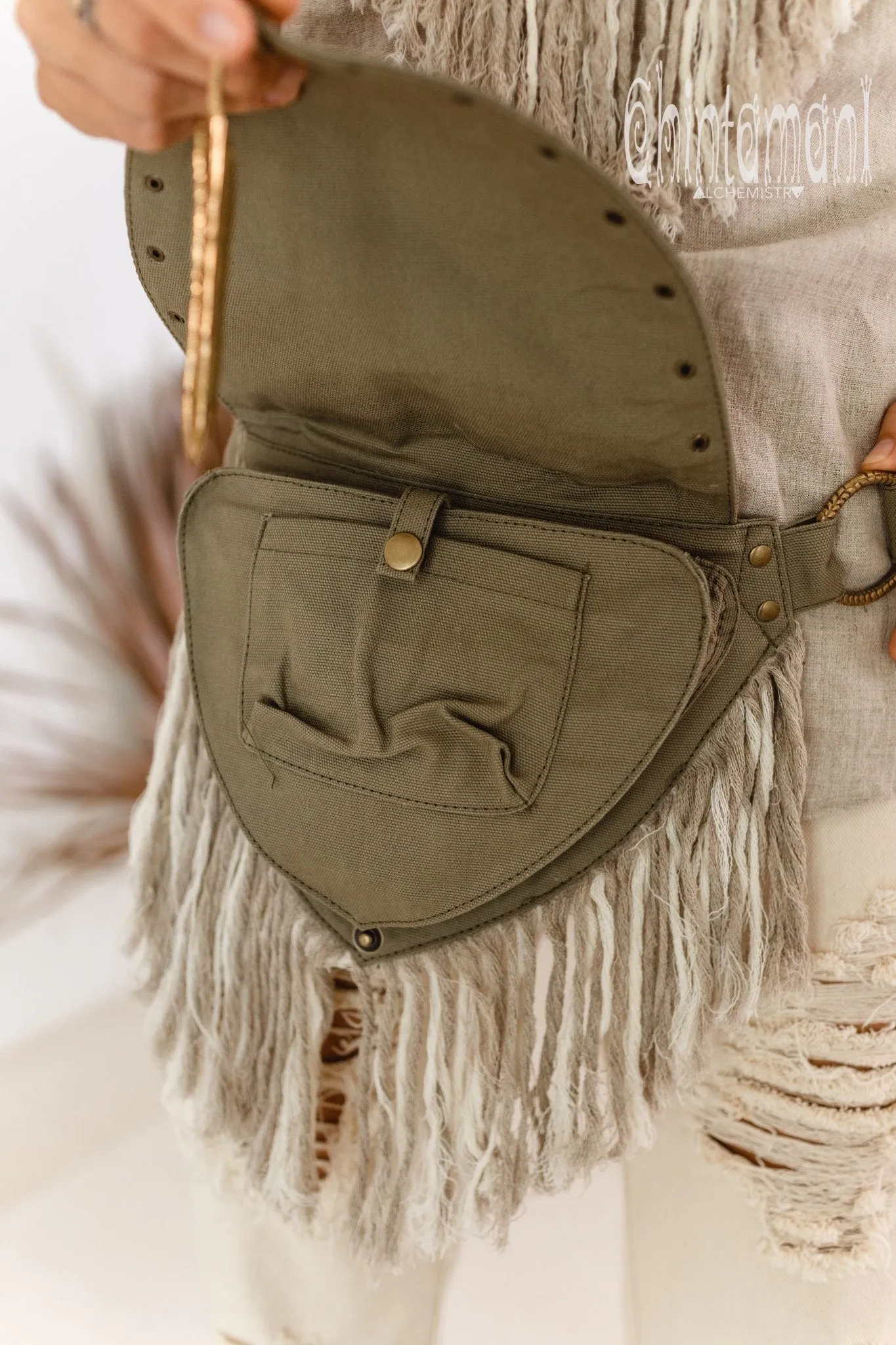 Fringe Cotton Canvas Vegan Waist Bag / Pocket Belt / Army Green