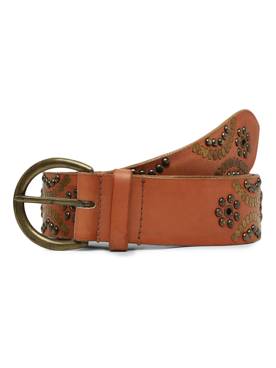 Genuine Leather Women Tan Studded Belt By Art N Vintage