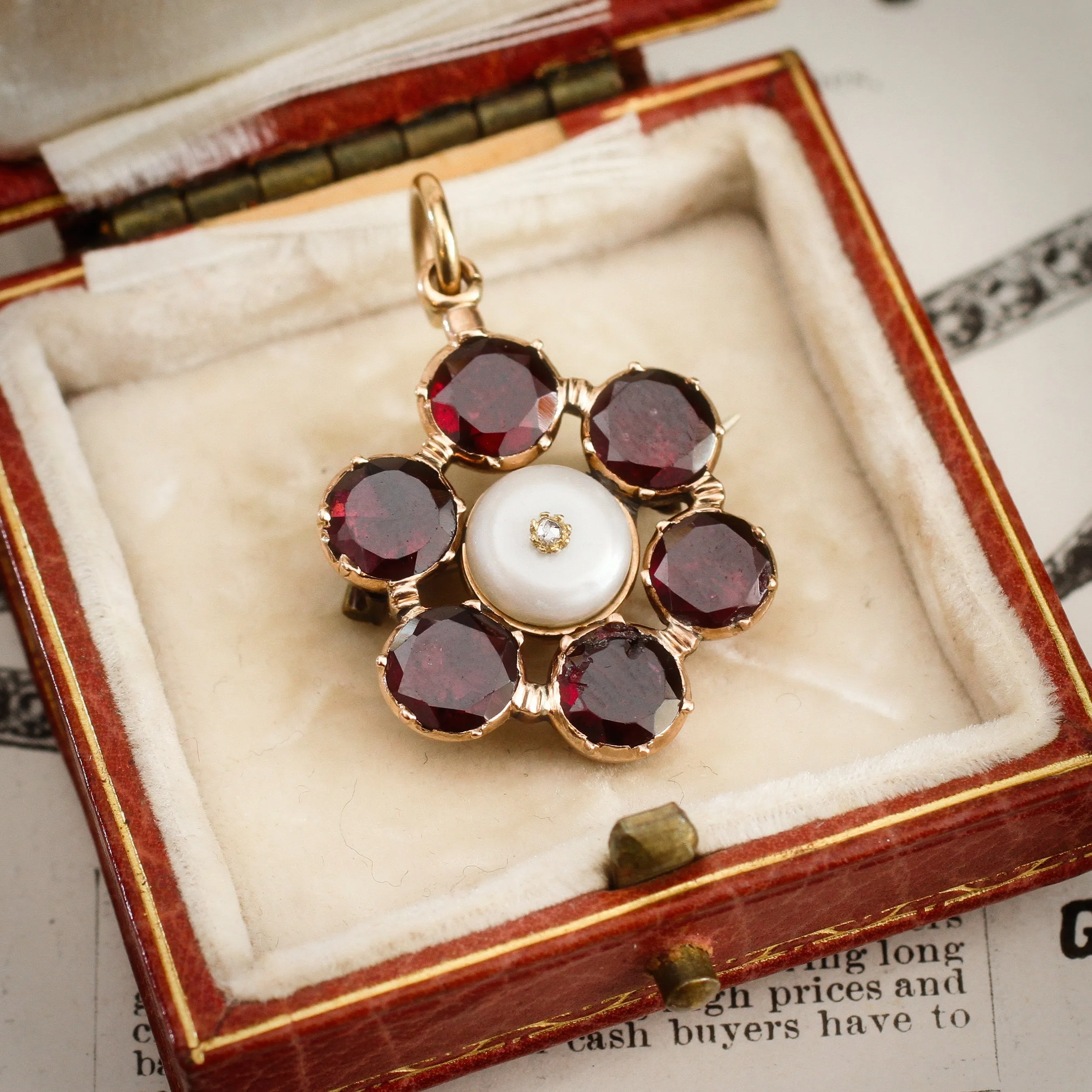 Georgian Flat-cut Garnet, Diamond & Natural Pearl Brooch/Pendant