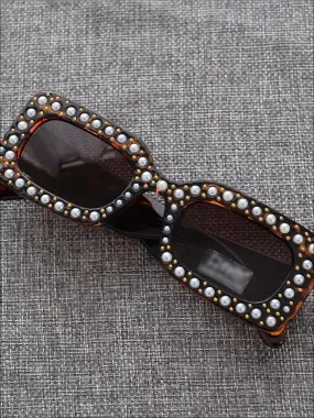 Girls Rectangular Retro Pearl Studded Sunglasses