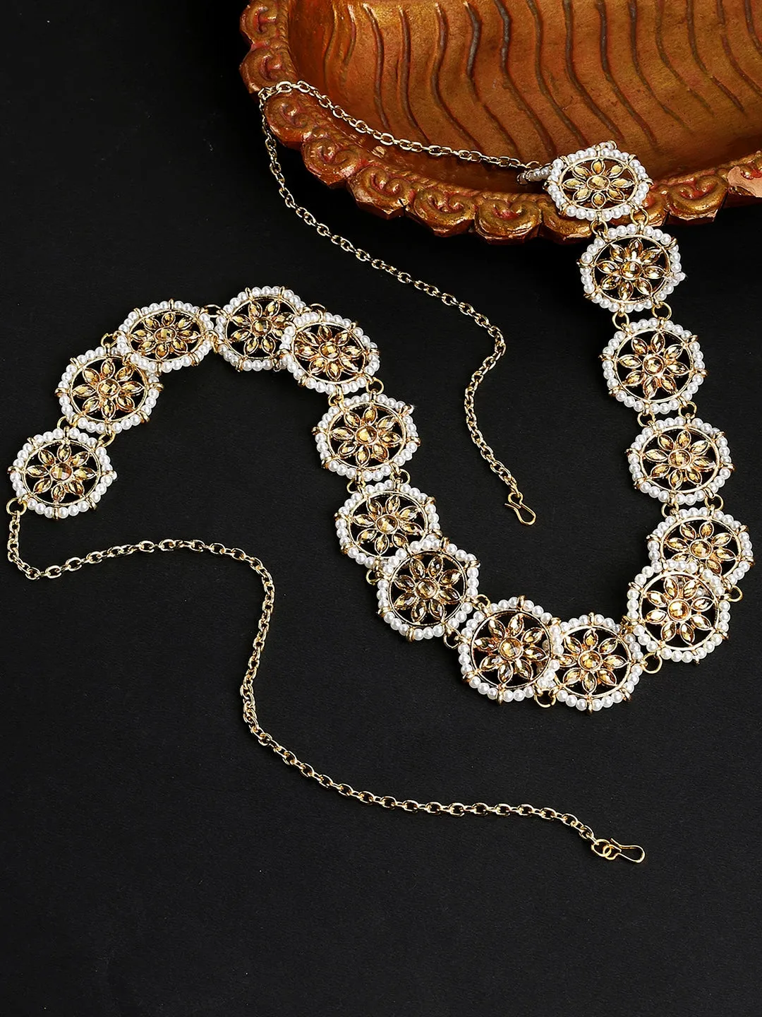 Gold-Plated & Yellow Kundan Studded & Beaded Kamarbandh