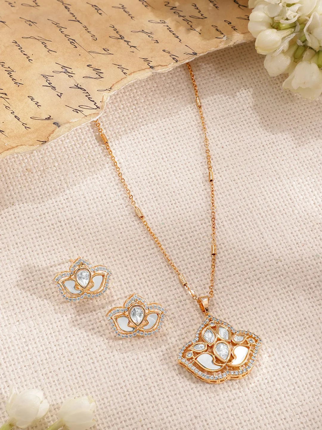 Gold-Plated CZ Stone-Studded Pendant Necklace Set