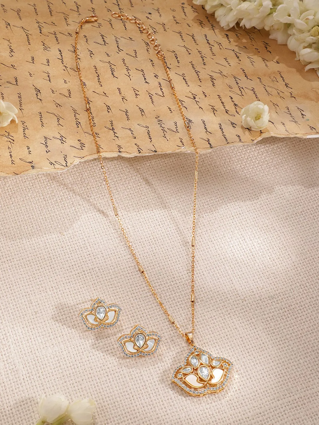 Gold-Plated CZ Stone-Studded Pendant Necklace Set