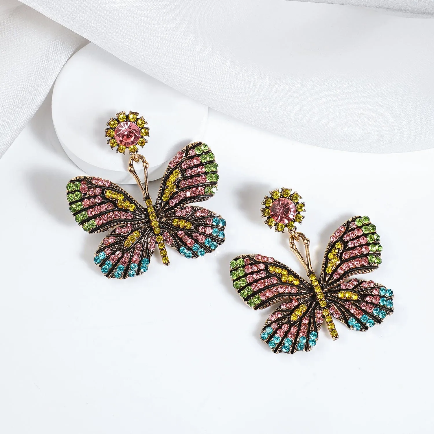 Gold Plated Multicolored Stone Butterfly Drop Earrings