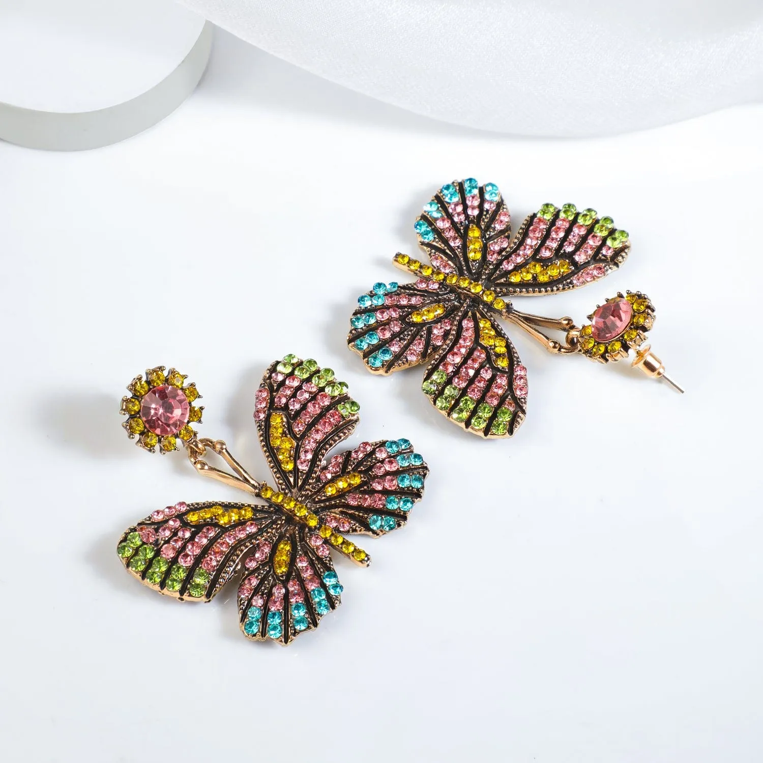 Gold Plated Multicolored Stone Butterfly Drop Earrings