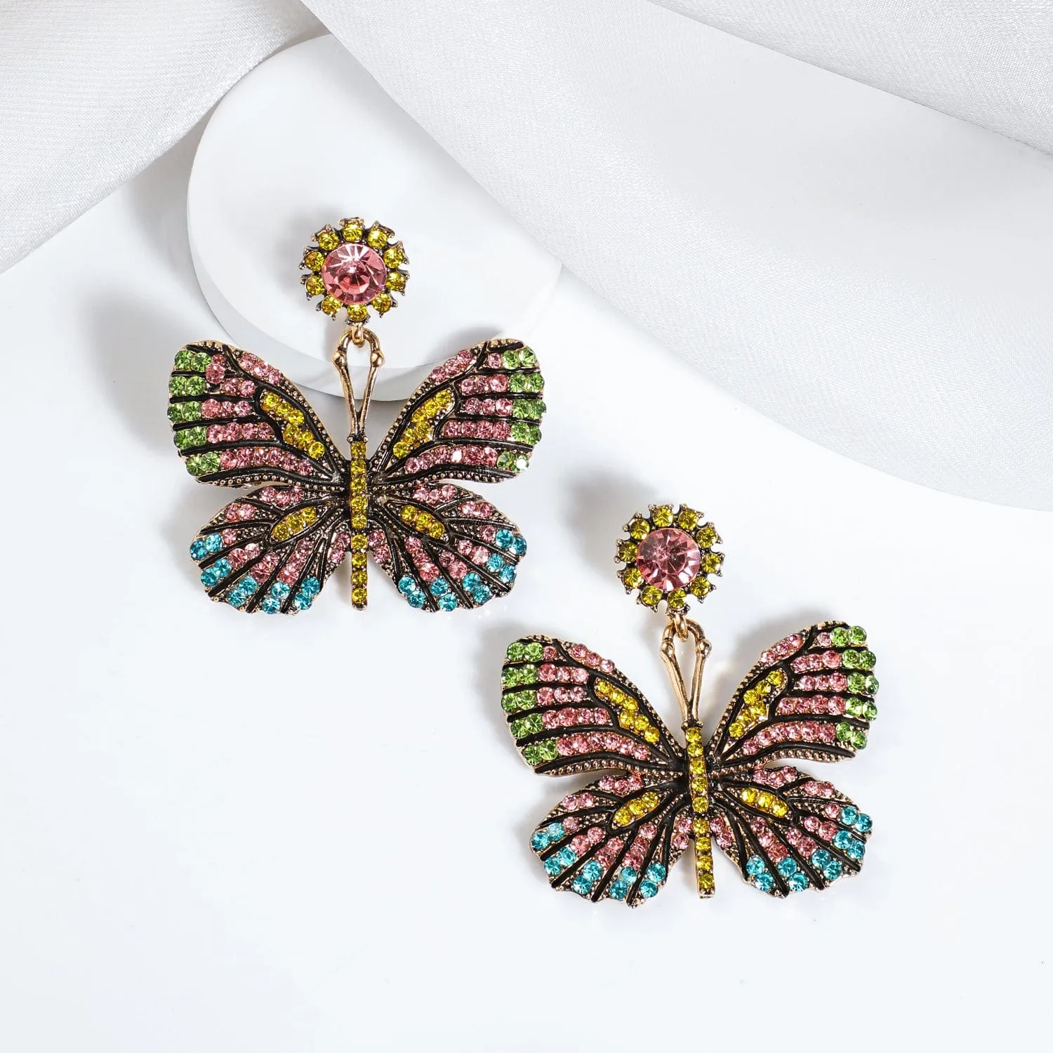 Gold Plated Multicolored Stone Butterfly Drop Earrings