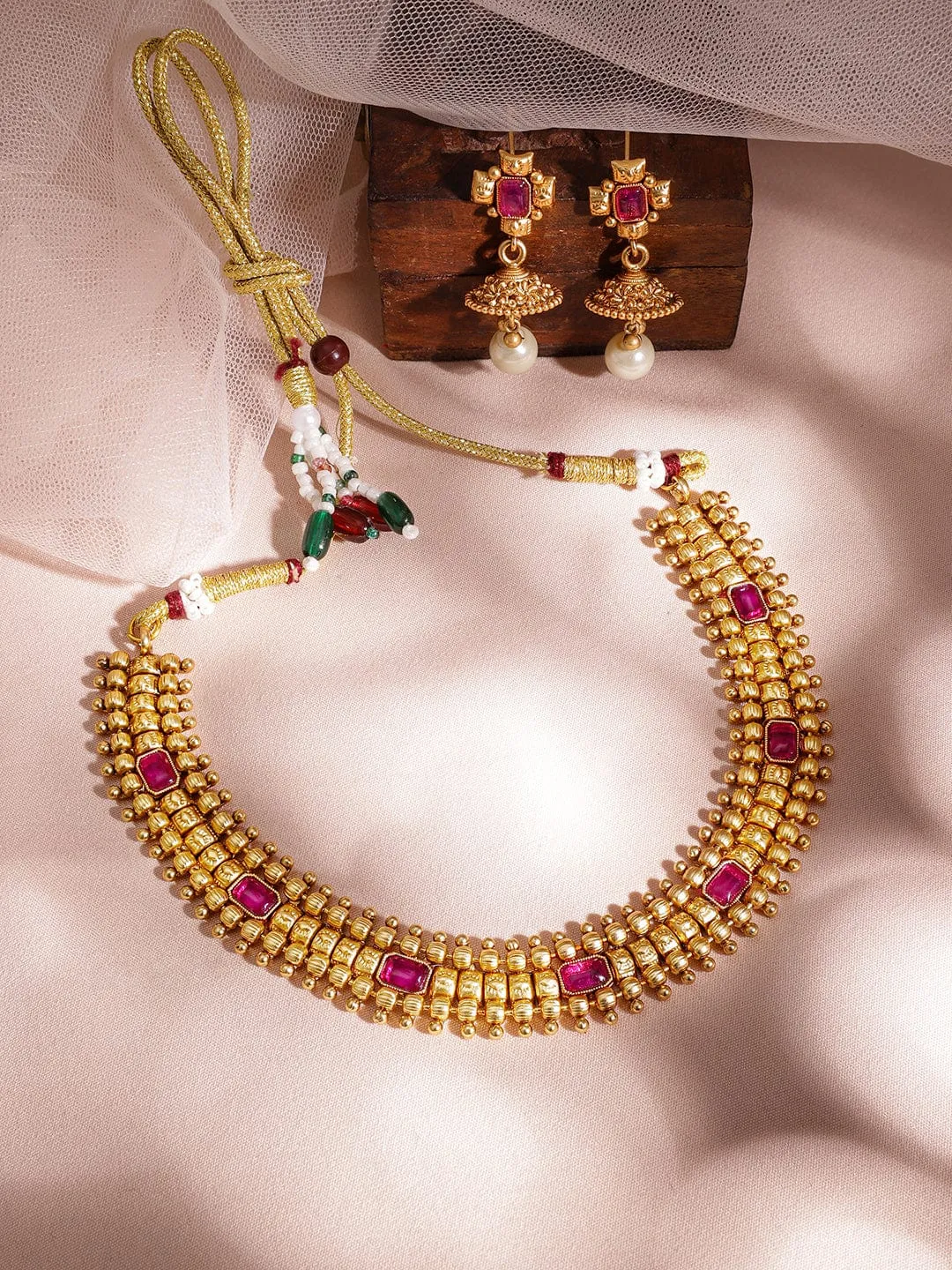 Gold-Plated Stone-Studded  Pearl-Beaded Necklace Set