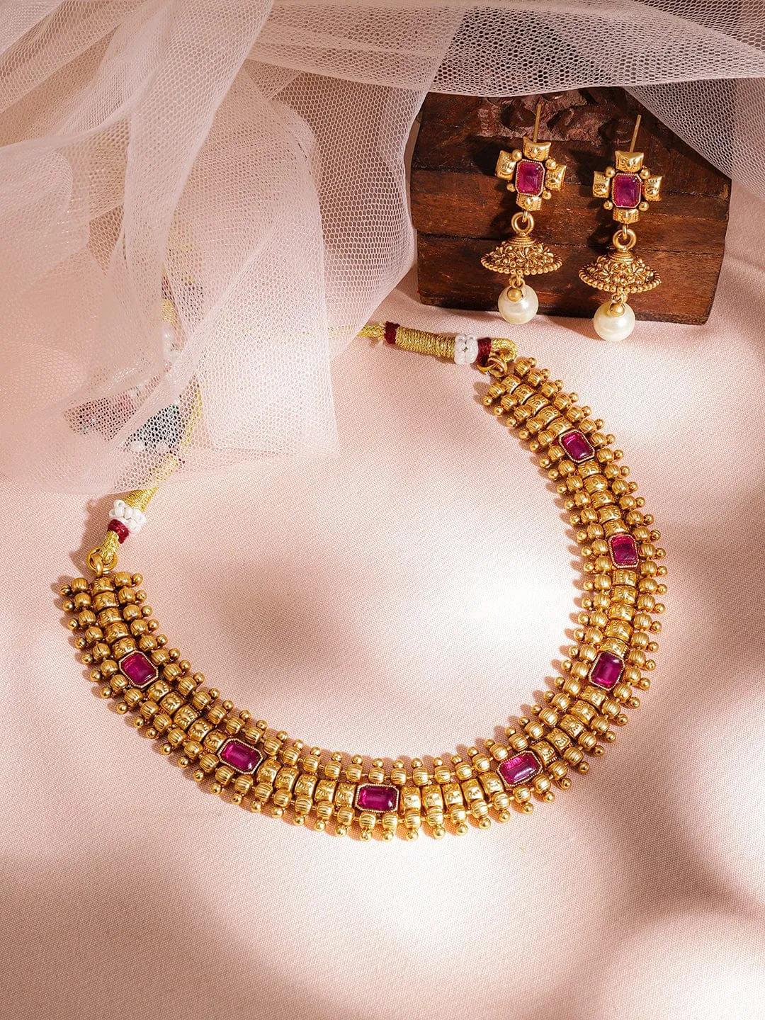 Gold-Plated Stone-Studded  Pearl-Beaded Necklace Set