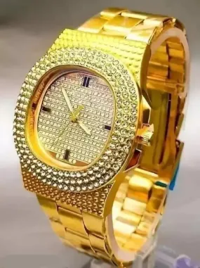 Golden Stone Studded Wrist Watch For Boys & Men